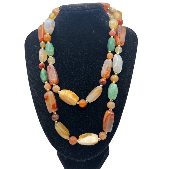 Jewelry - Multicolor Carnelian Agate Beaded Necklace 33" Gold-Tone Barrel Earthy Boho